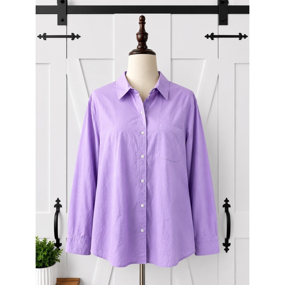 New Talbots Button Down Shirt Women Large Purple Classic Cotton Long Sleeve